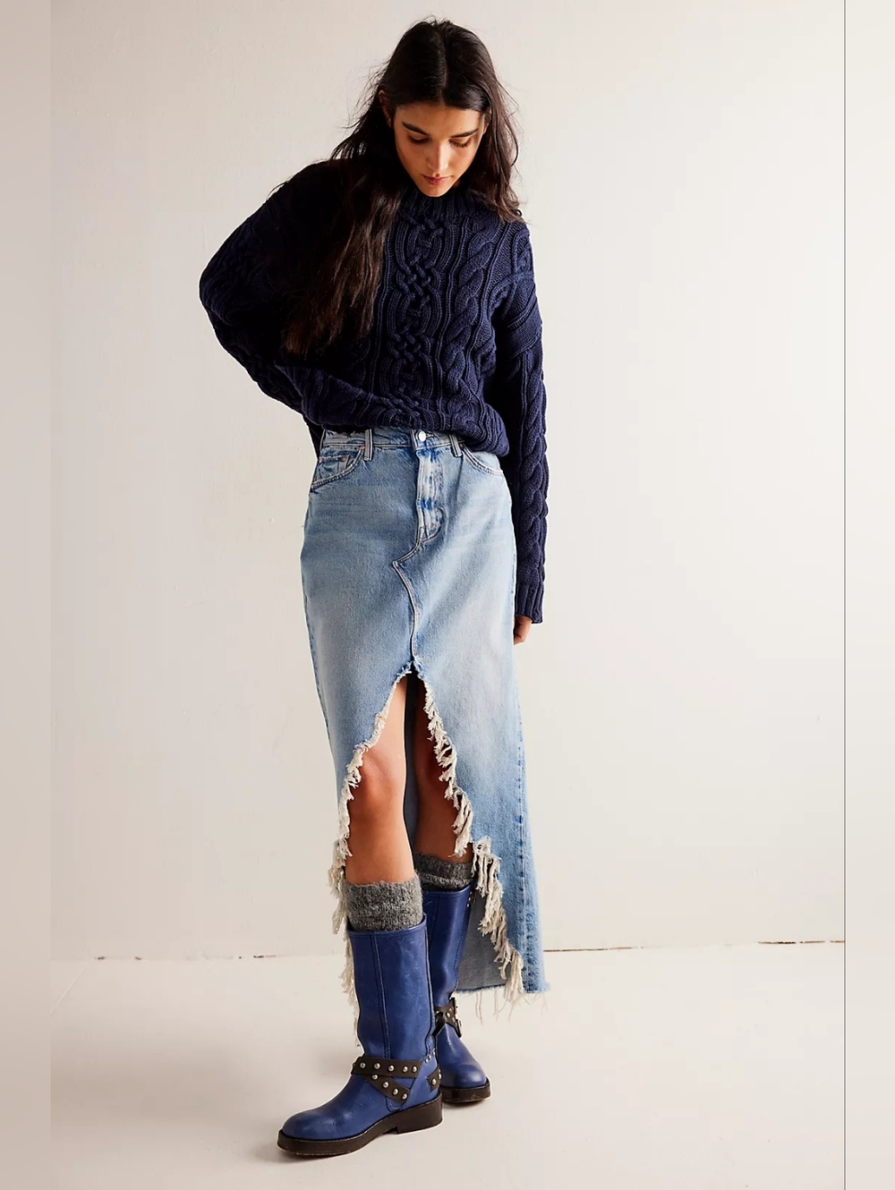 MOTHER The Ditcher Maxi Super Fray Split Denim Jean Skirt Light Blue- 25=0 - Picture 14 of 16